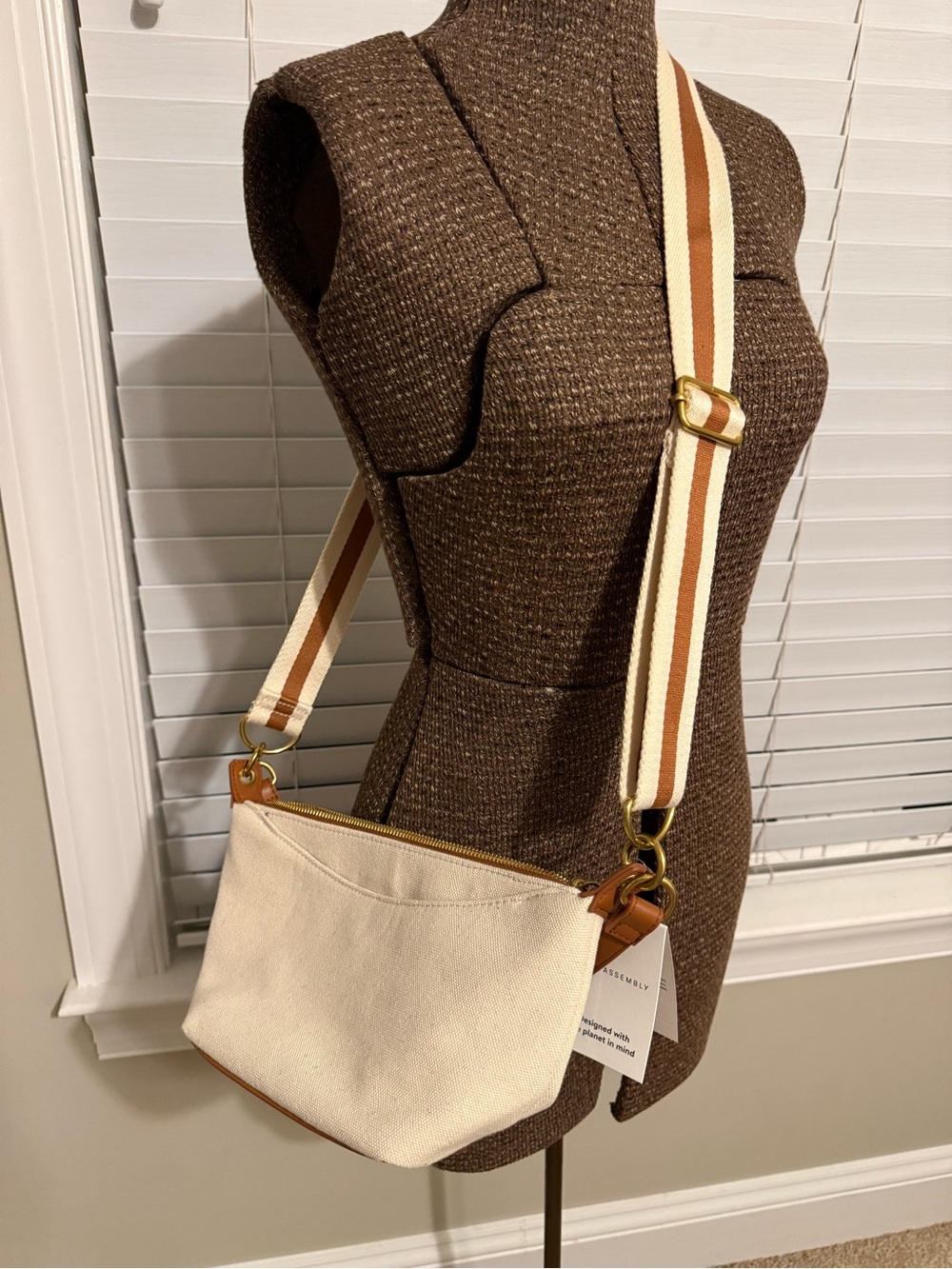 Cream Canvas Crossbody Bag with Striped Adjustable Strap